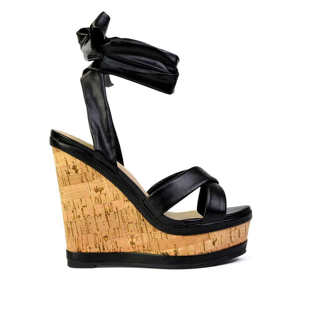 Kammie Lace Up Strappy Cork Wedge Heel Sandals Platform Shoes in Black - Image 24