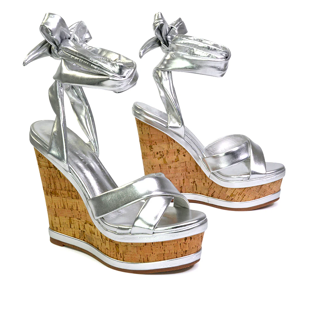 Kammie Lace Up Strappy Cork Wedge Heel Sandals Platform Shoes in Black - Image 53