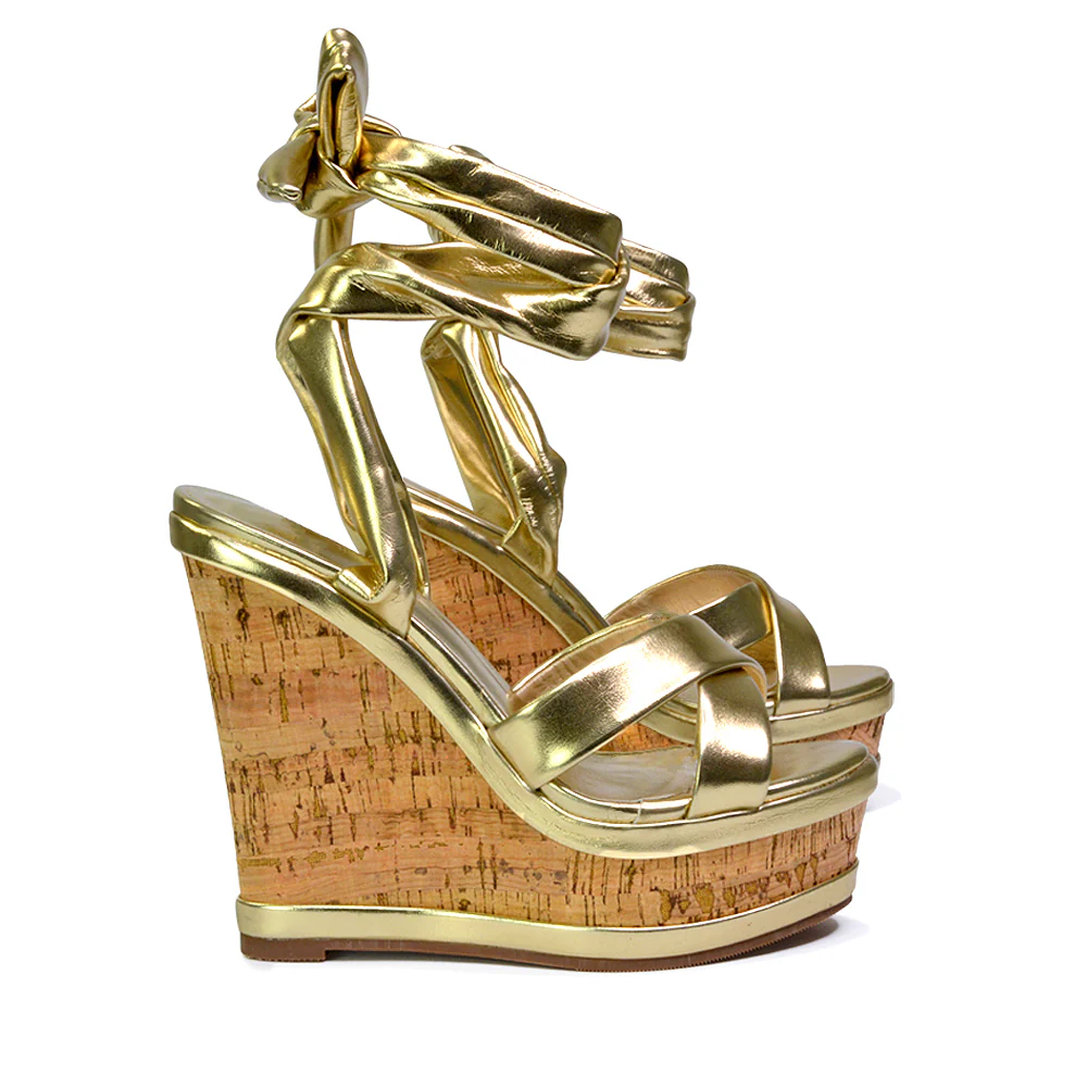 Kammie Lace Up Strappy Cork Wedge Heel Sandals Platform Shoes in Black - Image 91