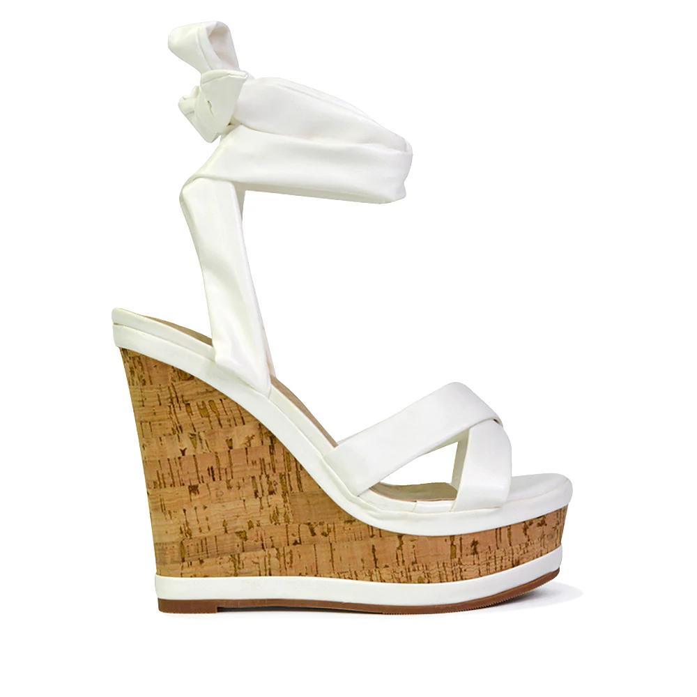 Kammie Lace Up Strappy Cork Wedge Heel Sandals Platform Shoes in Gold - Image 31