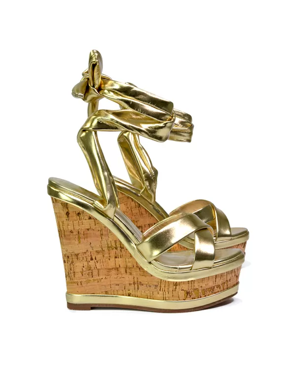 Kammie Lace Up Strappy Cork Wedge Heel Sandals Platform Shoes in Gold - Image 5