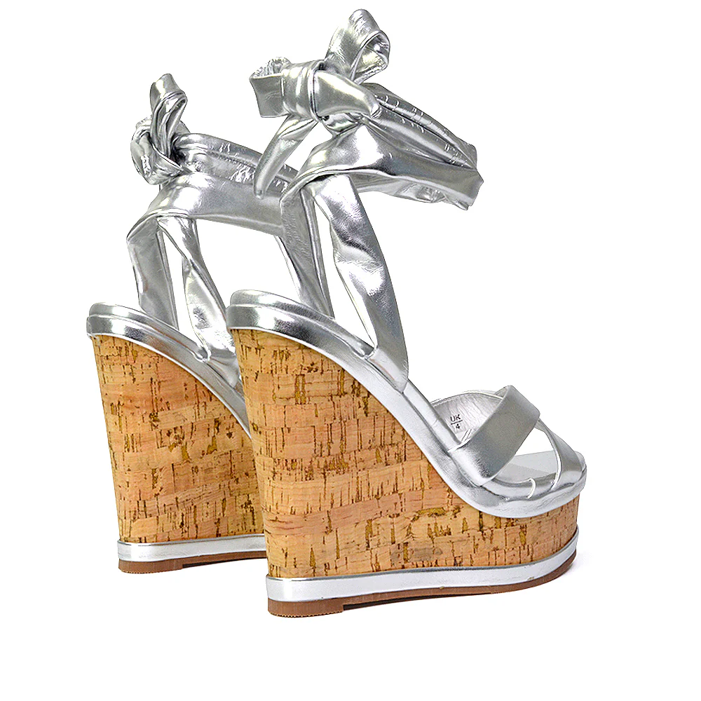 Kammie Lace Up Strappy Cork Wedge Heel Sandals Platform Shoes in Gold - Image 61