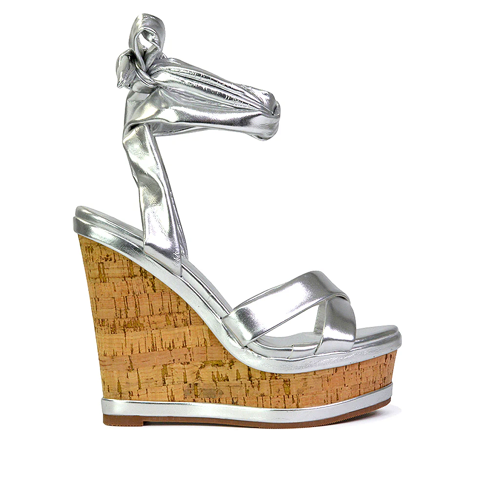 Kammie Lace Up Strappy Cork Wedge Heel Sandals Platform Shoes in Gold - Image 63