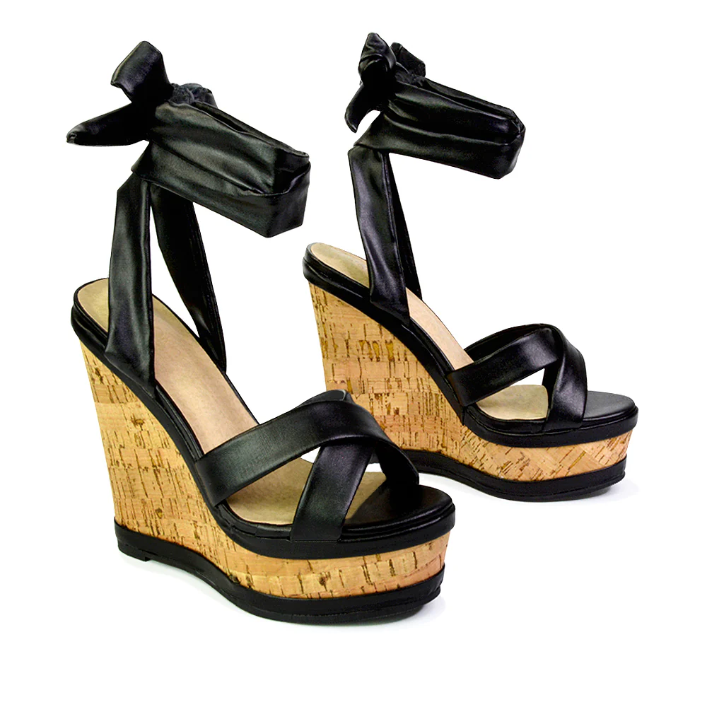 Kammie Lace Up Strappy Cork Wedge Heel Sandals Platform Shoes in Gold - Image 86