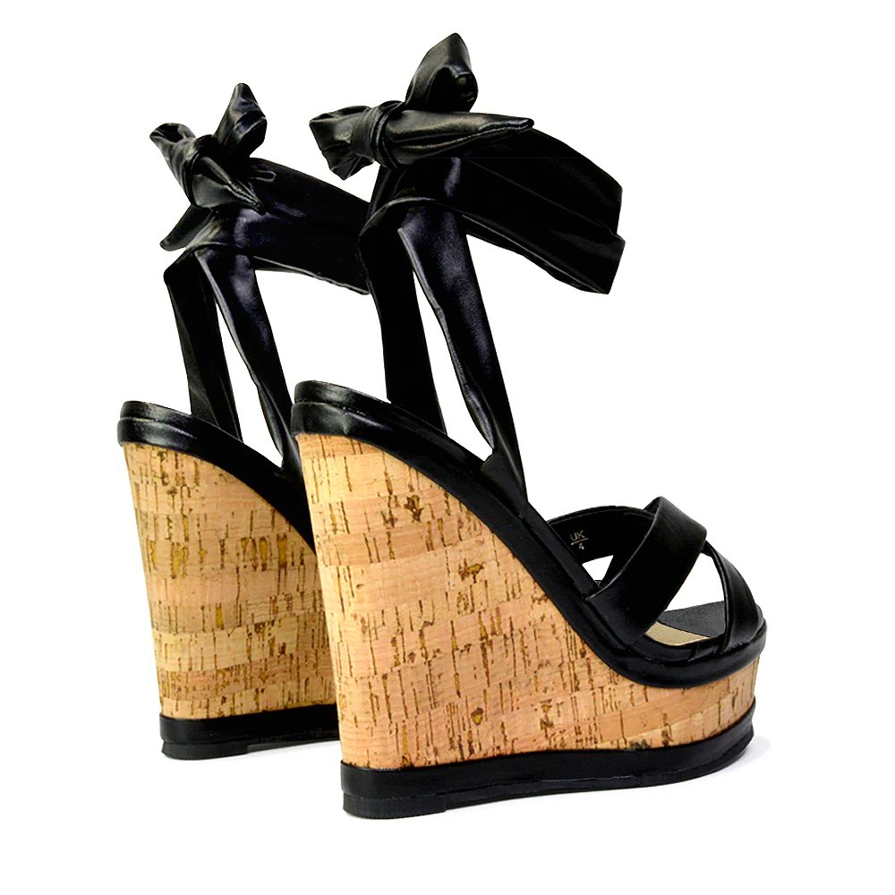 Kammie Lace Up Strappy Cork Wedge Heel Sandals Platform Shoes in White - Image 101