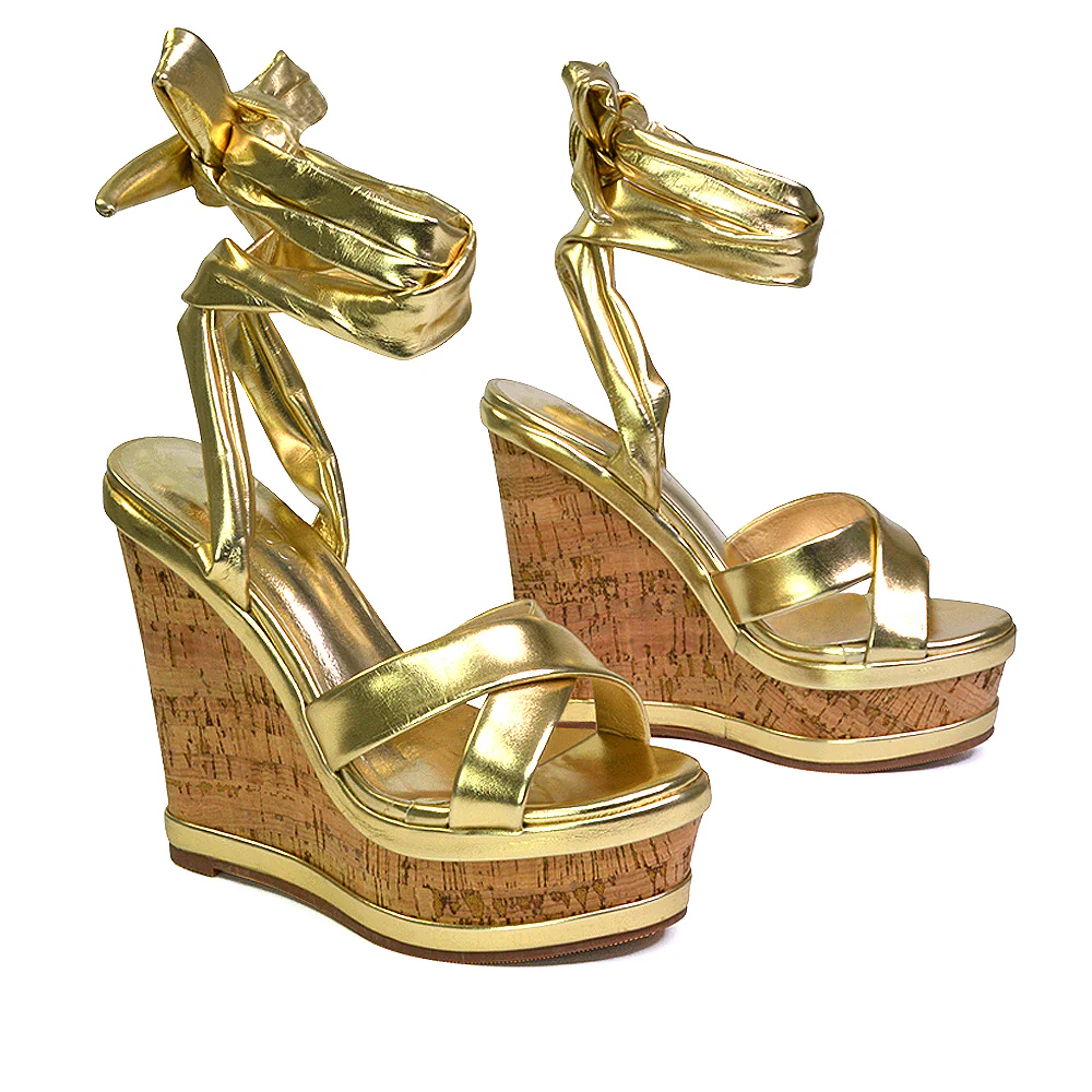 Kammie Lace Up Strappy Cork Wedge Heel Sandals Platform Shoes in White - Image 53