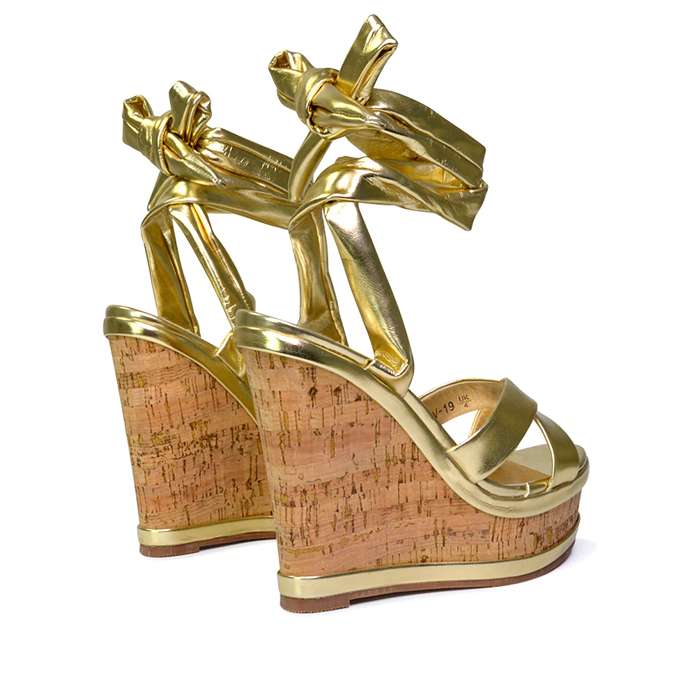 Kammie Lace Up Strappy Cork Wedge Heel Sandals Platform Shoes in White - Image 73