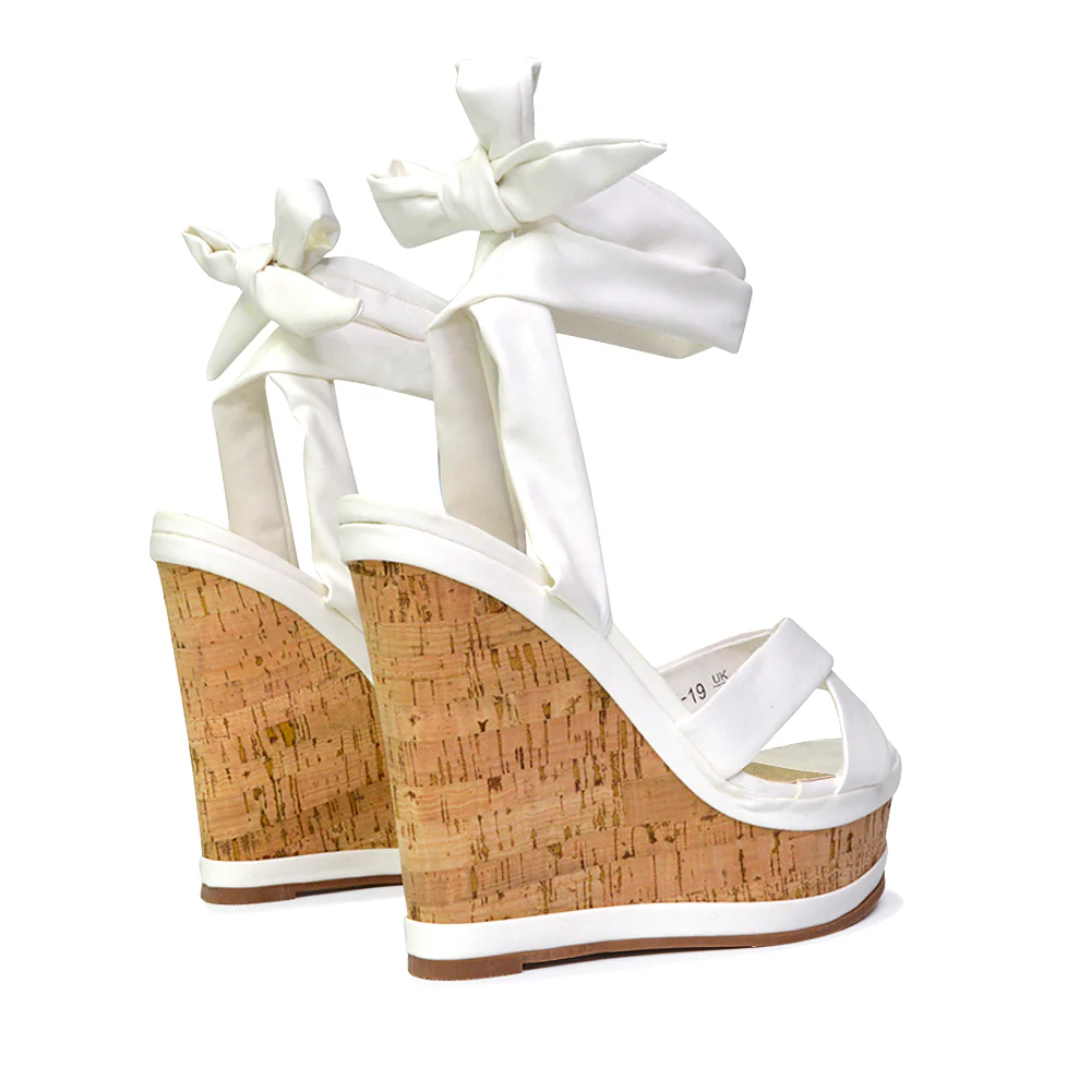 Kammie Lace Up Strappy Cork Wedge Heel Sandals Platform Shoes in White - Image 9