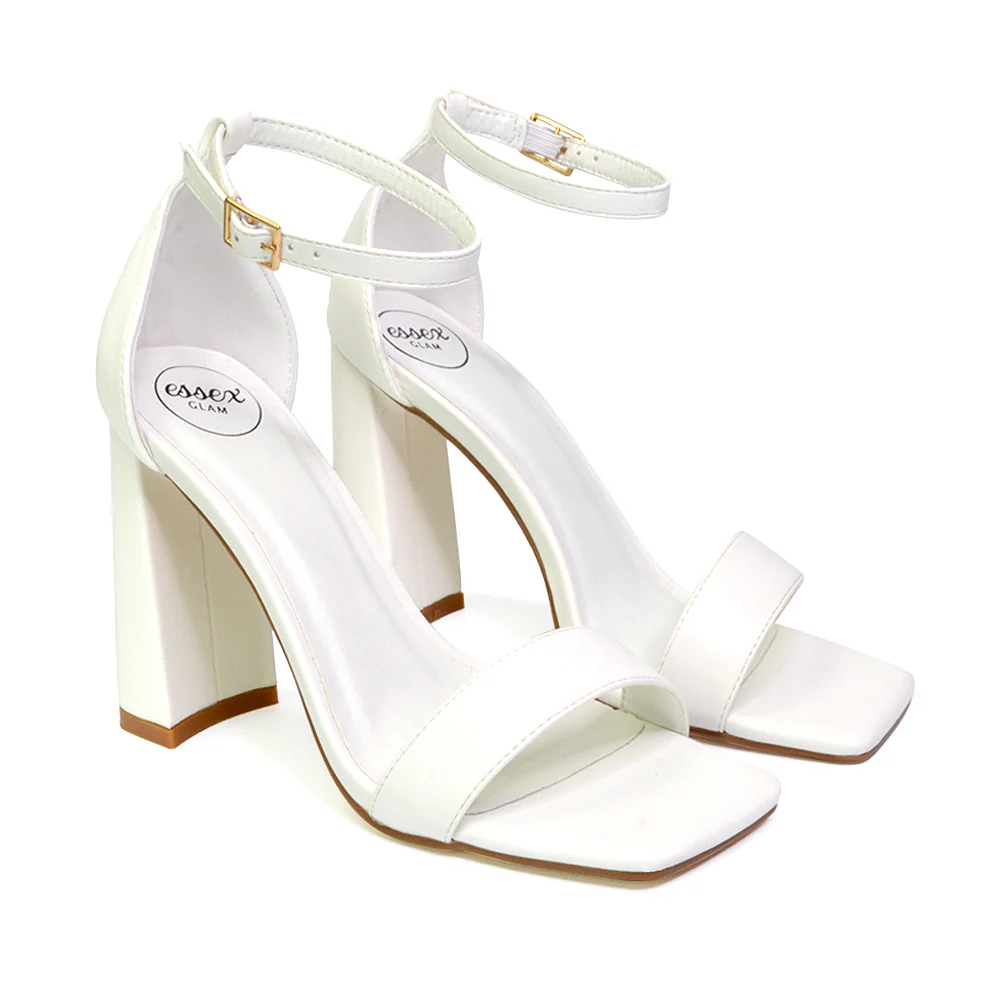 Kamryn Buckle Up Ankle Strap Square Toe Block High Heel Sandals in White