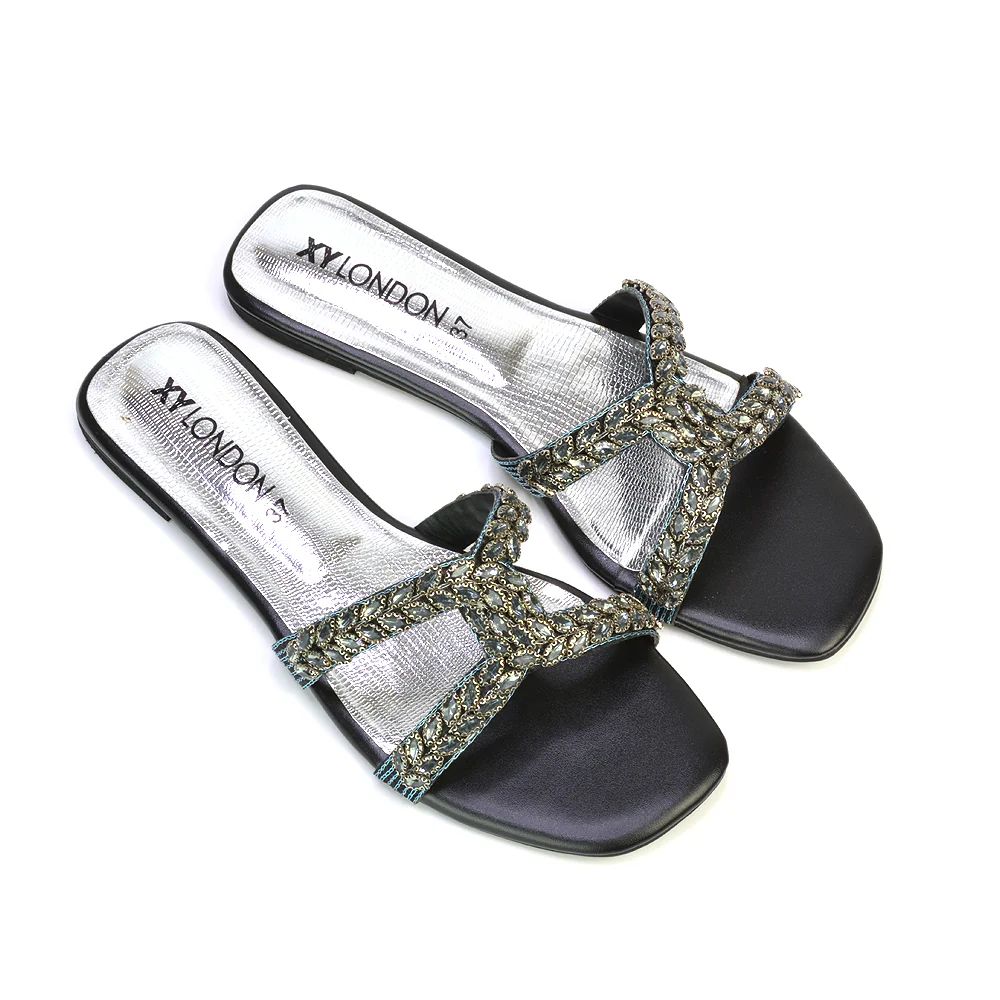 Kane Slip On Cut Out Square Toe Diamante Flat Sandals Sliders in Black - Image 105