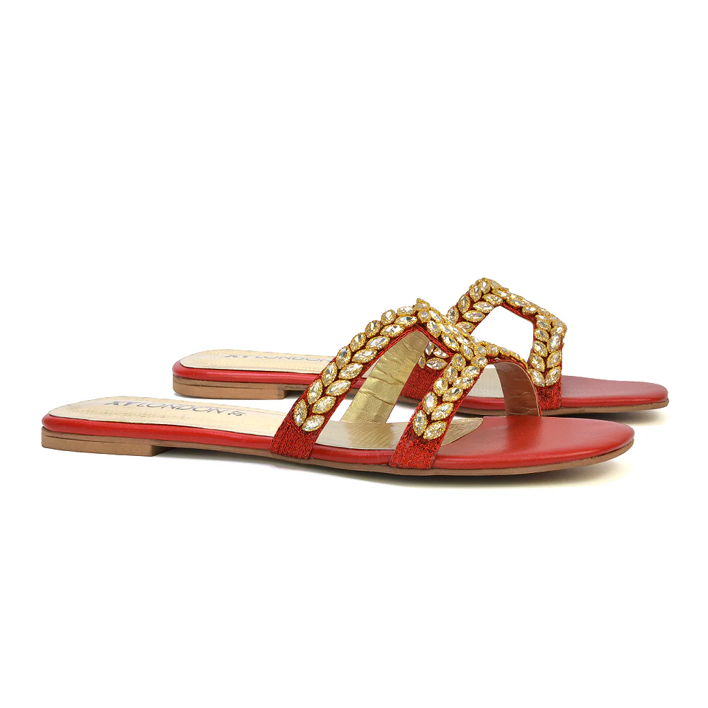 Kane Slip On Cut Out Square Toe Diamante Flat Sandals Sliders in Black - Image 16