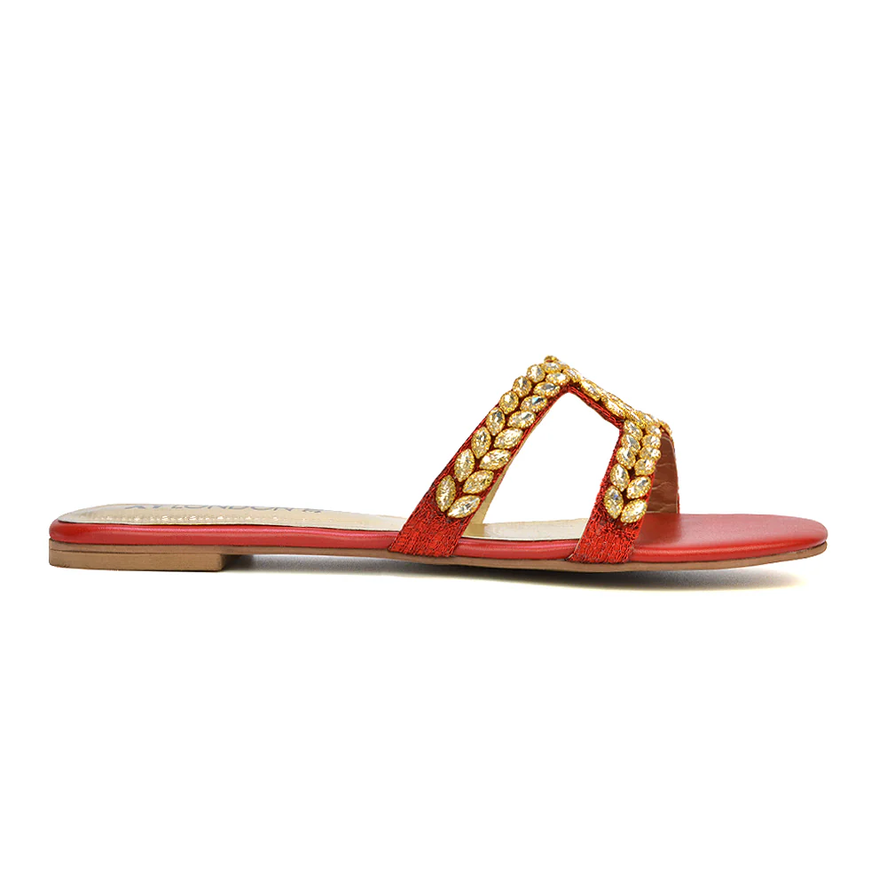 Kane Slip On Cut Out Square Toe Diamante Flat Sandals Sliders in Black - Image 28