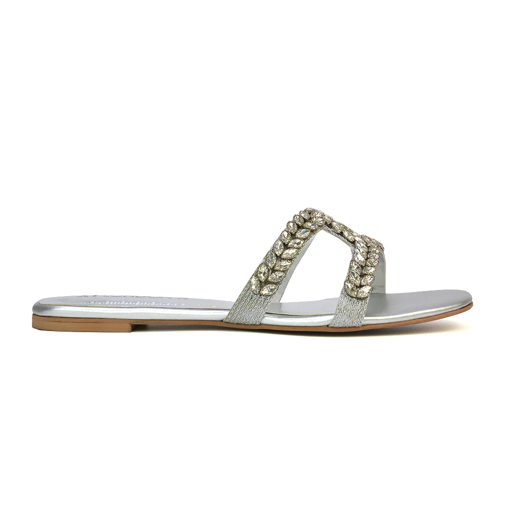 Kane Slip On Cut Out Square Toe Diamante Flat Sandals Sliders in Black - Image 53