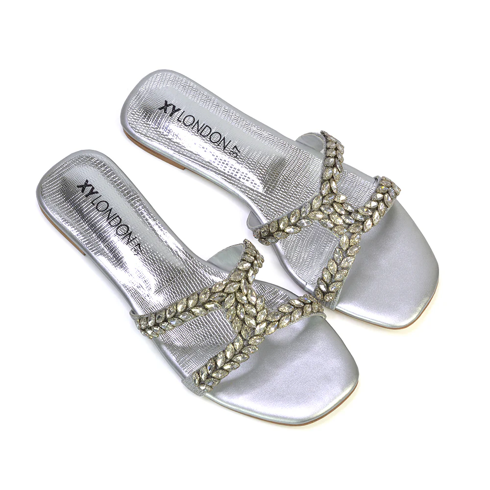 Kane Slip On Cut Out Square Toe Diamante Flat Sandals Sliders in Black - Image 55