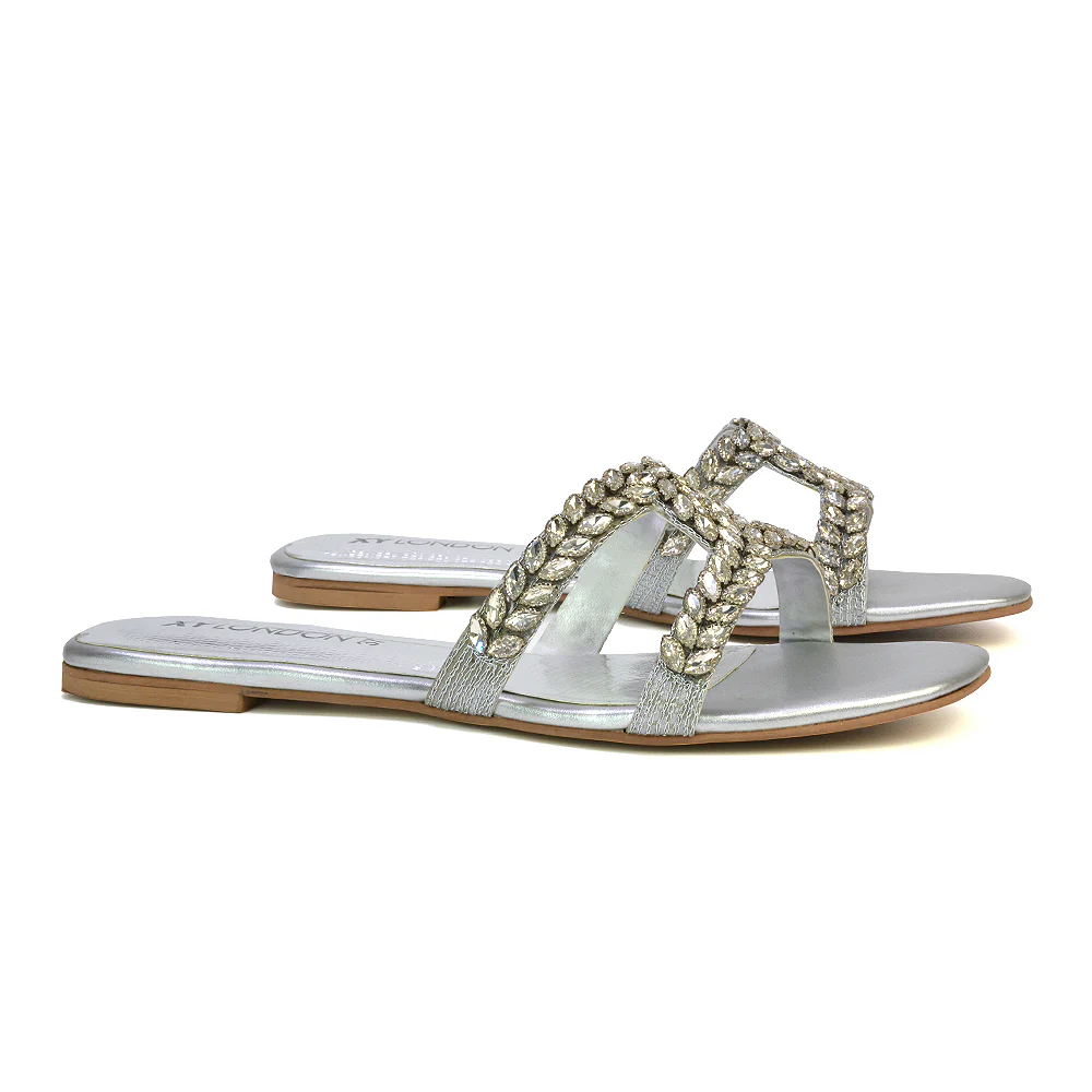 Kane Slip On Cut Out Square Toe Diamante Flat Sandals Sliders in Black - Image 56