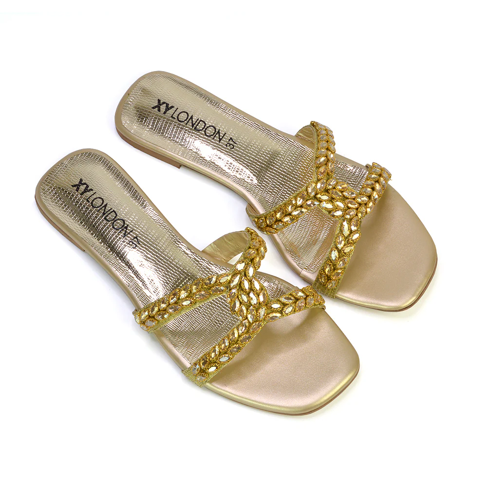 Kane Slip On Cut Out Square Toe Diamante Flat Sandals Sliders in Black - Image 70