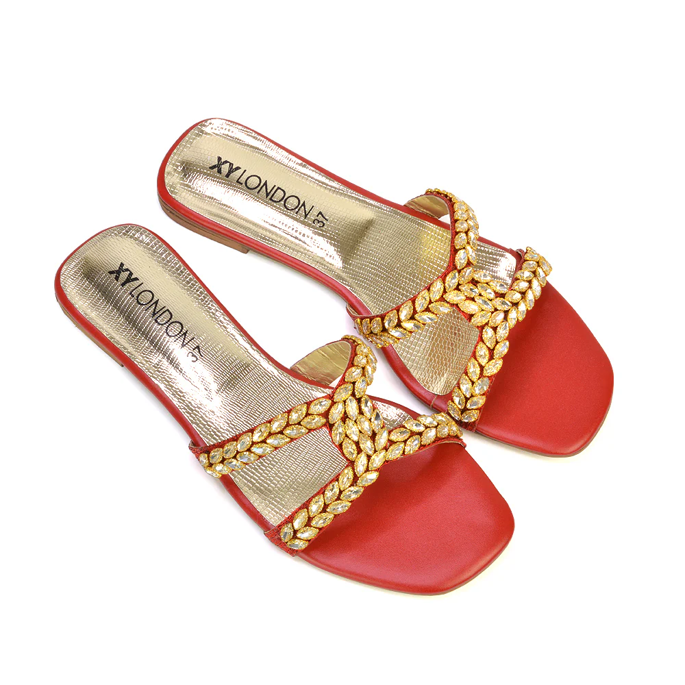 Kane Slip On Cut Out Square Toe Diamante Flat Sandals Sliders in Gold - Image 35