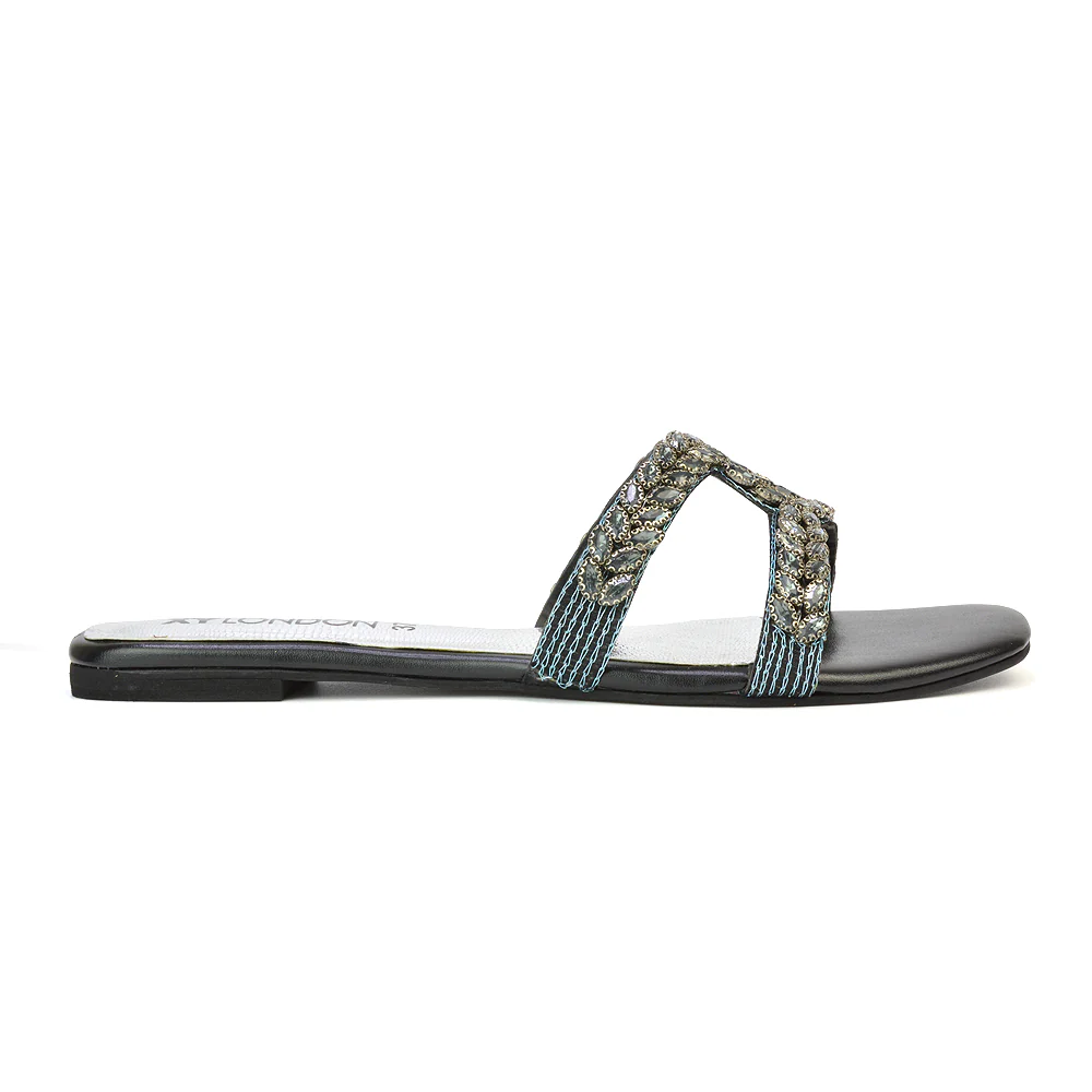 Kane Slip On Cut Out Square Toe Diamante Flat Sandals Sliders in Red - Image 103
