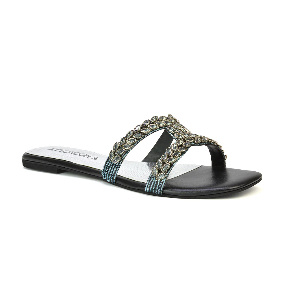 Kane Slip On Cut Out Square Toe Diamante Flat Sandals Sliders in Red - Image 107