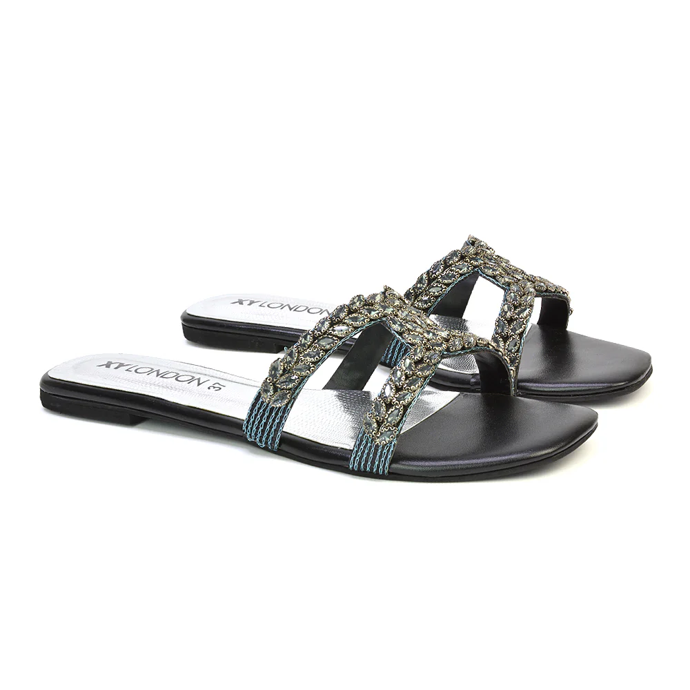 Kane Slip On Cut Out Square Toe Diamante Flat Sandals Sliders in Red - Image 114