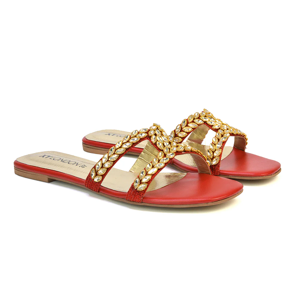 Kane Slip On Cut Out Square Toe Diamante Flat Sandals Sliders in Red - Image 19