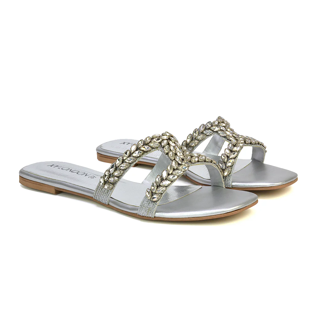 Kane Slip On Cut Out Square Toe Diamante Flat Sandals Sliders in Red - Image 39