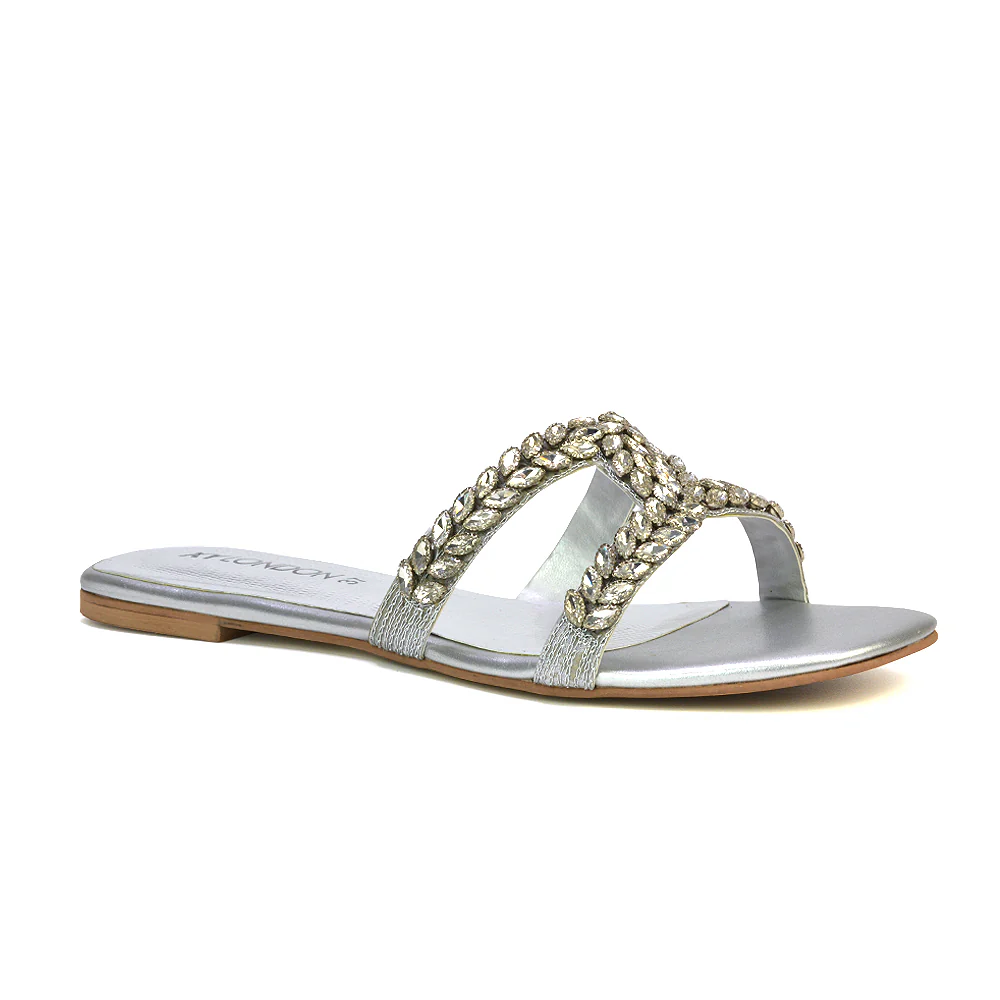 Kane Slip On Cut Out Square Toe Diamante Flat Sandals Sliders in Red - Image 62