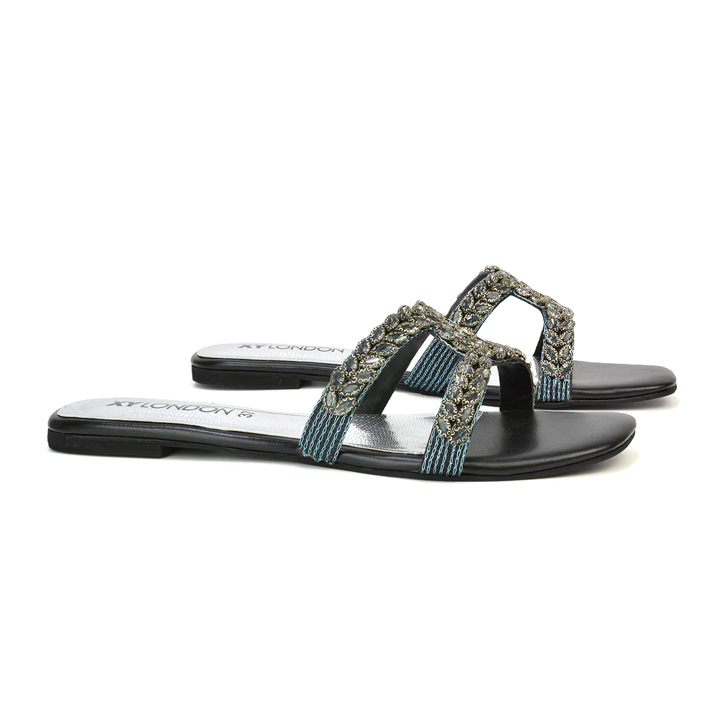 Kane Slip On Cut Out Square Toe Diamante Flat Sandals Sliders in Silver - Image 121