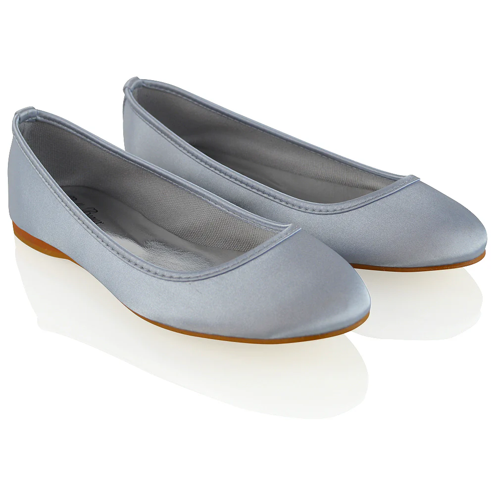 KARA FLAT BRIDAL SHOES LOW BLOCK HIGH HEELED WEDDING BALLERINA PUMPS IN SILVER SATIN - Image 3
