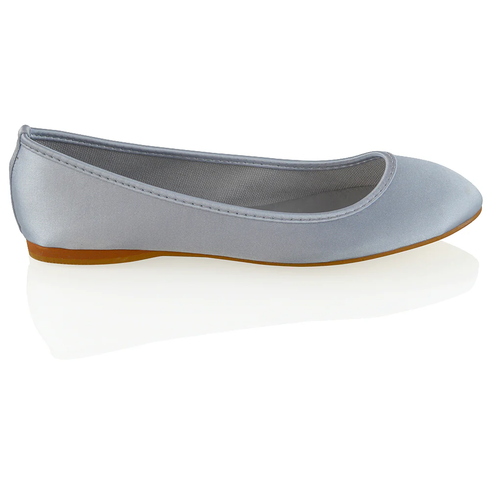 KARA FLAT BRIDAL SHOES LOW BLOCK HIGH HEELED WEDDING BALLERINA PUMPS IN SILVER SATIN - Image 9