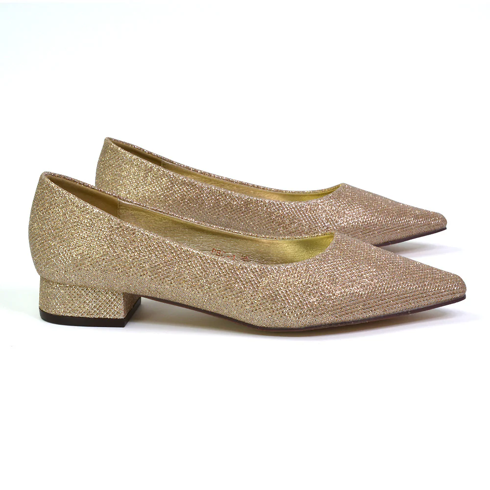 Karen Slip On Pointed Toe Wedding Shoes Low Heel Bridal Heels Court Shoes in Gold - Image 80