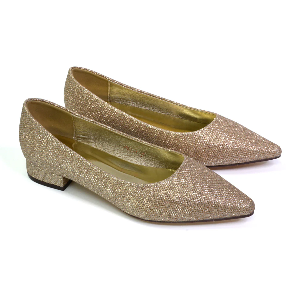 Karen Slip On Pointed Toe Wedding Shoes Low Heel Bridal Heels Court Shoes in Gold - Image 87