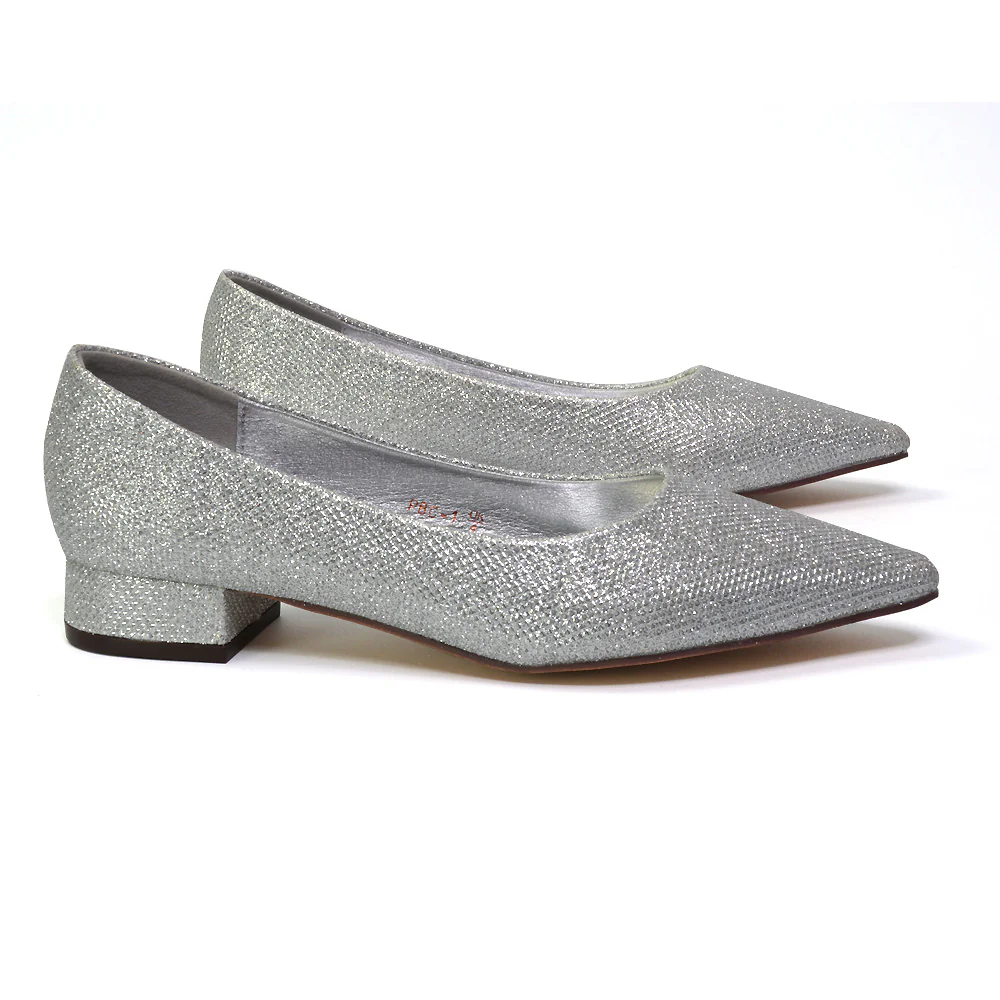 Karen Slip On Pointed Toe Wedding Shoes Low Heel Bridal Heels Court Shoes in Silver - Image 43