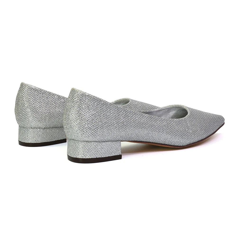 Karen Slip On Pointed Toe Wedding Shoes Low Heel Bridal Heels Court Shoes in Silver - Image 63