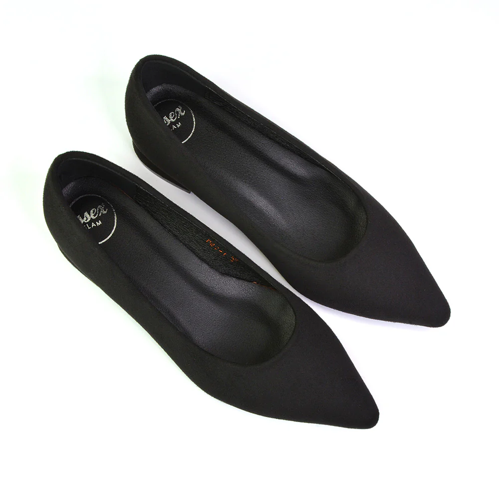 Karen Slip On Pointed Toe Low Block Heel Court Shoes in Brown Faux Suede - Image 10