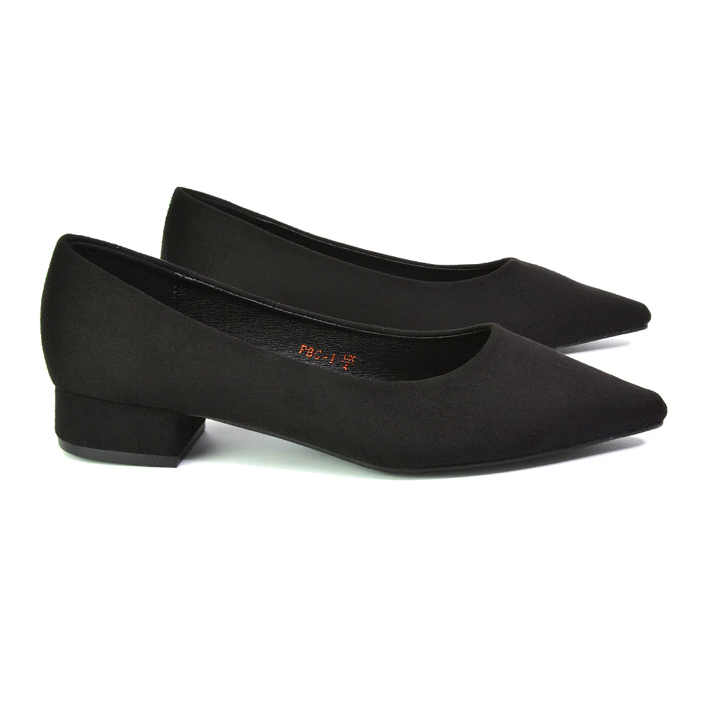 Karen Slip On Pointed Toe Low Block Heel Court Shoes in Brown Faux Suede - Image 9