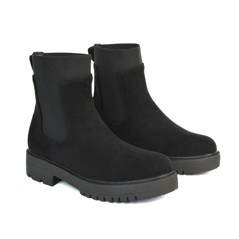 Karev Chunky Sole Elasticated Slip on Block Heel Chelsea Sock Ankle Boots in Black Faux Suede - Image 2