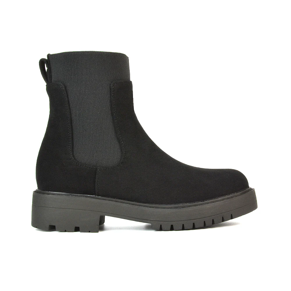 Karev Chunky Sole Elasticated Slip on Block Heel Chelsea Sock Ankle Boots in Black Faux Suede - Image 6