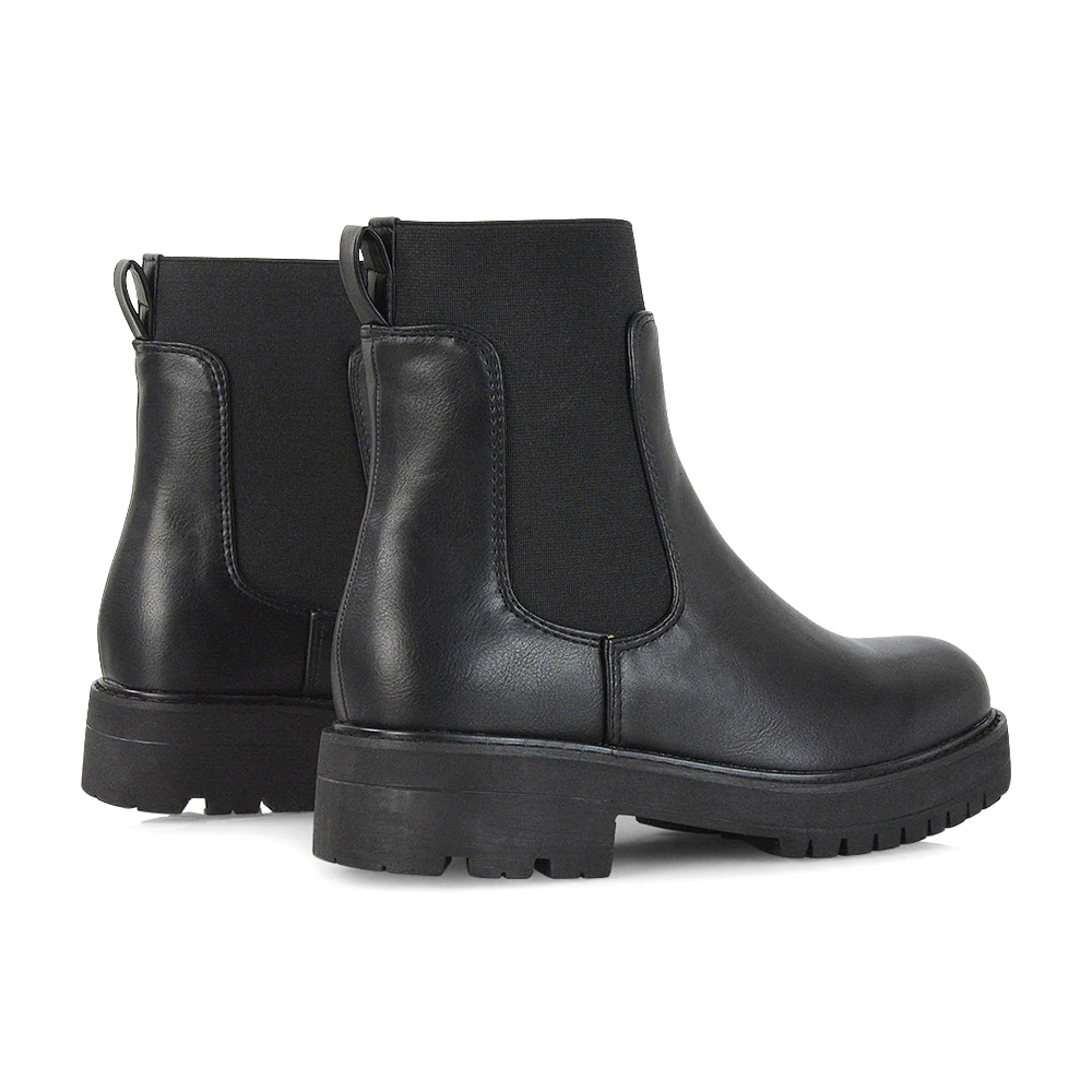 Karev Chunky Sole Elasticated Slip on Block Heel Chelsea Sock Ankle Boots in Black Patent - Image 20