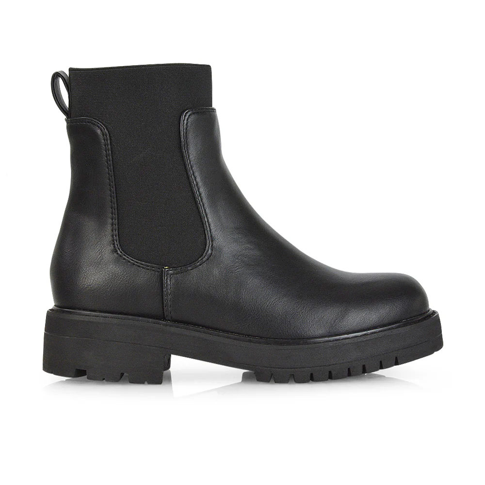 Karev Chunky Sole Elasticated Slip on Block Heel Chelsea Sock Ankle Boots in Black Patent - Image 28