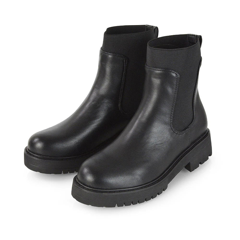 Karev Chunky Sole Elasticated Slip on Block Heel Chelsea Sock Ankle Boots in Black Patent - Image 9