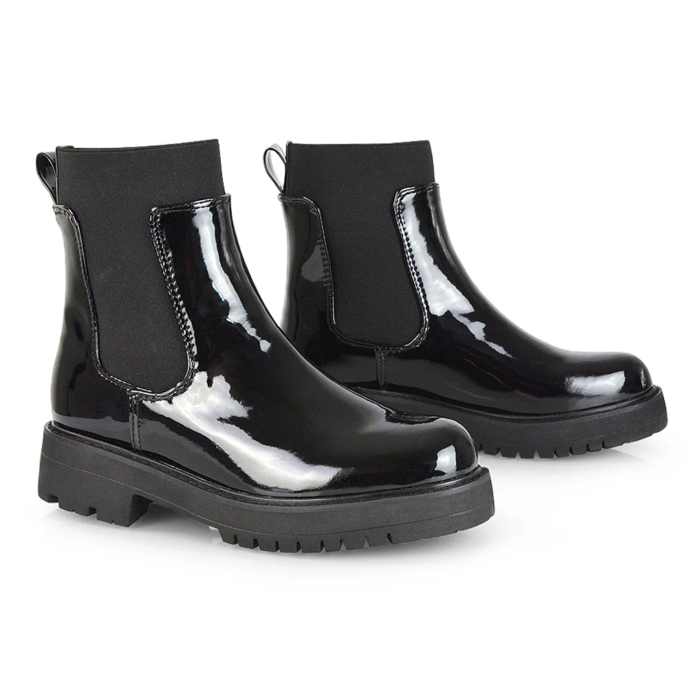 Karev Chunky Sole Elasticated Slip on Block Heel Chelsea Sock Ankle Boots in Black Pu - Image 37