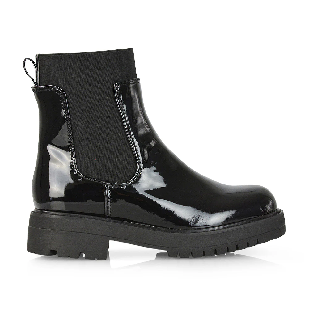 Karev Chunky Sole Elasticated Slip on Block Heel Chelsea Sock Ankle Boots in Black Pu - Image 39