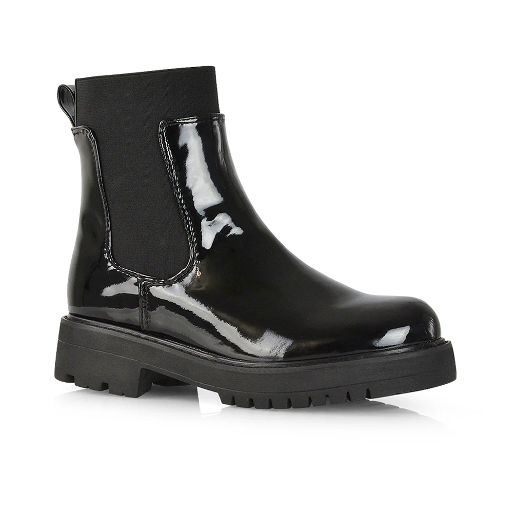 Karev Chunky Sole Elasticated Slip on Block Heel Chelsea Sock Ankle Boots in Black Pu - Image 43