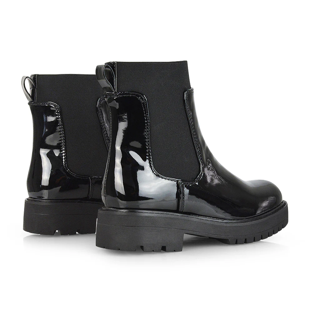 Karev Chunky Sole Elasticated Slip on Block Heel Chelsea Sock Ankle Boots in Black Pu - Image 66