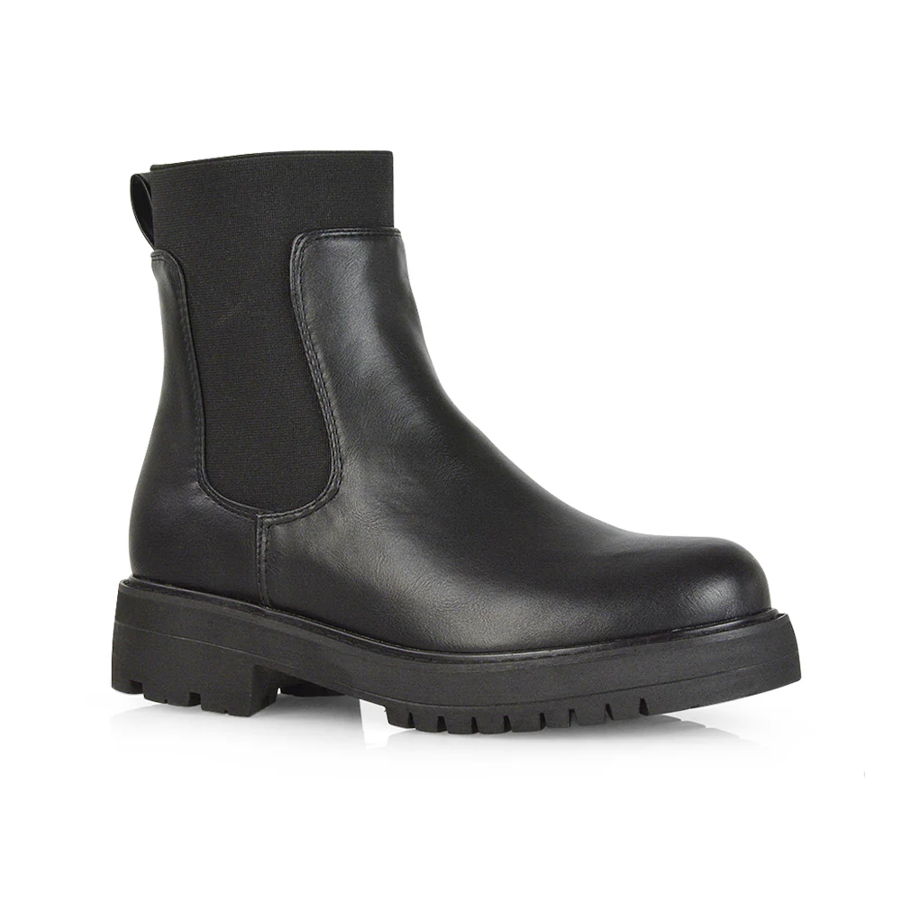 Karev Chunky Sole Elasticated Slip on Block Heel Chelsea Sock Ankle Boots in Black Pu - Image 8