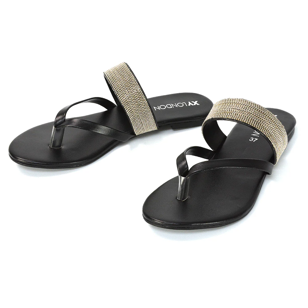 Karis Flat Strappy Toe Post Slip on Flip Flop Slides Diamante Sandals in Black - Image 107