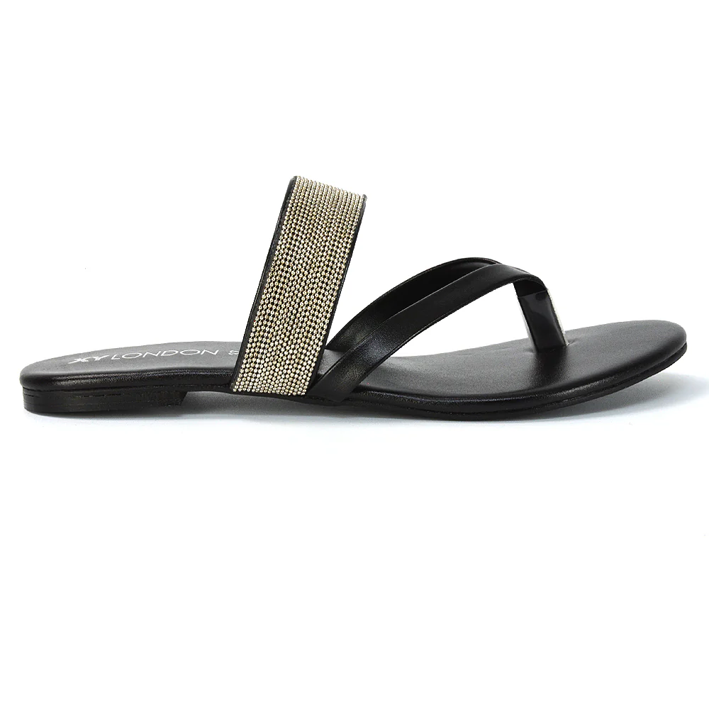 Karis Flat Strappy Toe Post Slip on Flip Flop Slides Diamante Sandals in Black - Image 129