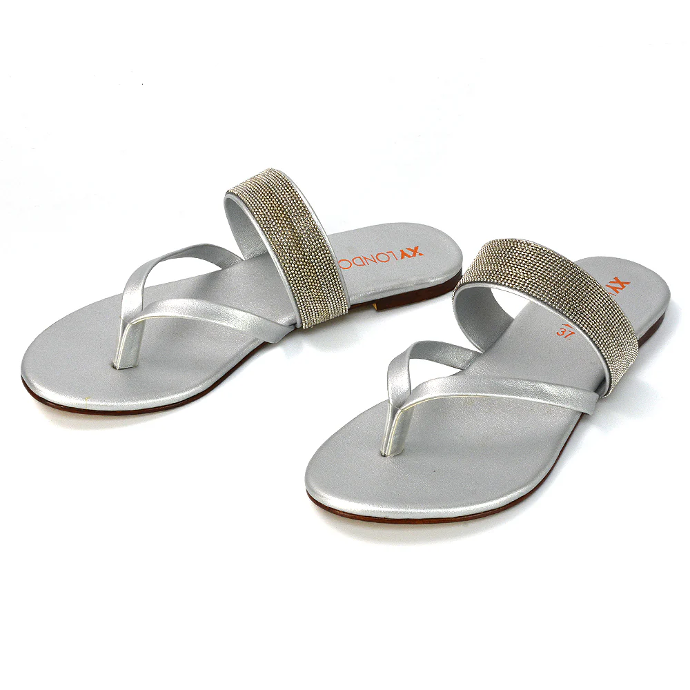 Karis Flat Strappy Toe Post Slip on Flip Flop Slides Diamante Sandals in Black - Image 17