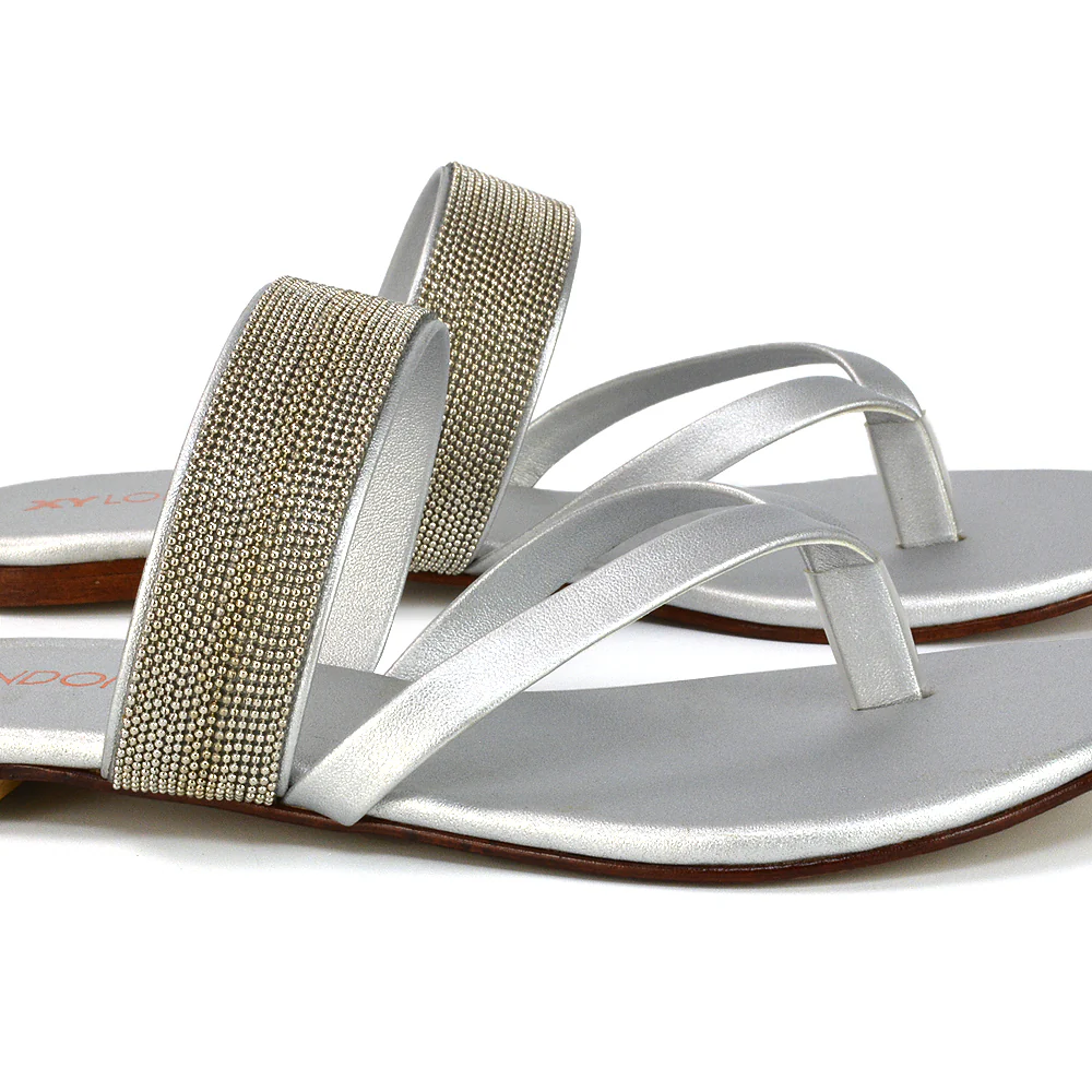 Karis Flat Strappy Toe Post Slip on Flip Flop Slides Diamante Sandals in Black - Image 38
